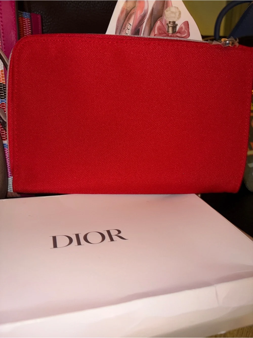 DIOR Cosmetic bag Red Canvas Pouch with Subtle Embossed Logo and box